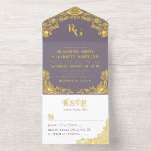 Dusty Lavender Gold Foil Roses Monogram All In One Invitation