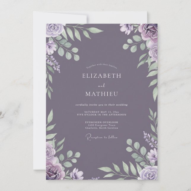 Dusty Lavender Leafy Wedding Invitation (Front)