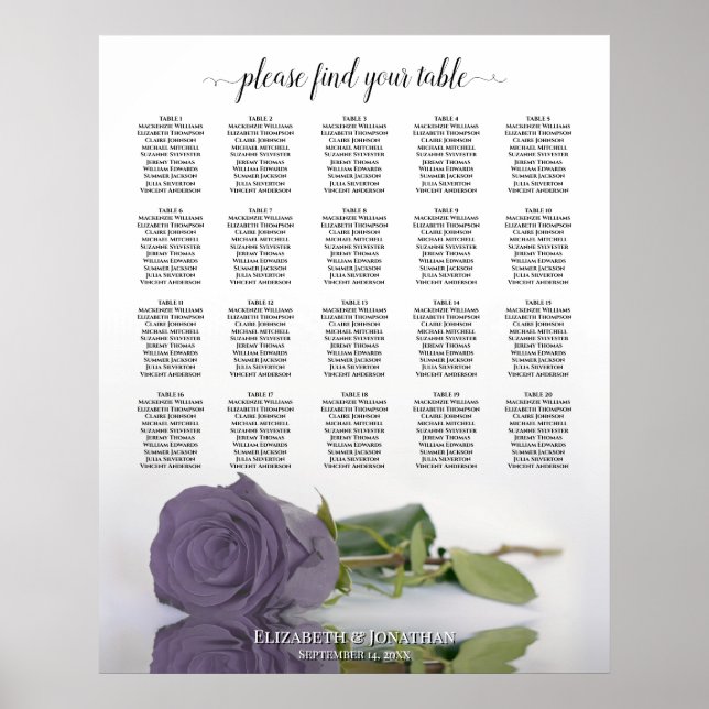 Dusty Lavender Rose 20 Table Mariage Tableau de si (Devant)