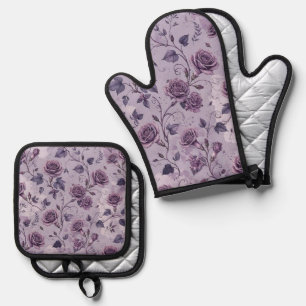 Dusty Lavender Rose Moody Dreamy Hues Floral Oven Mitt & Pot Holder Set
