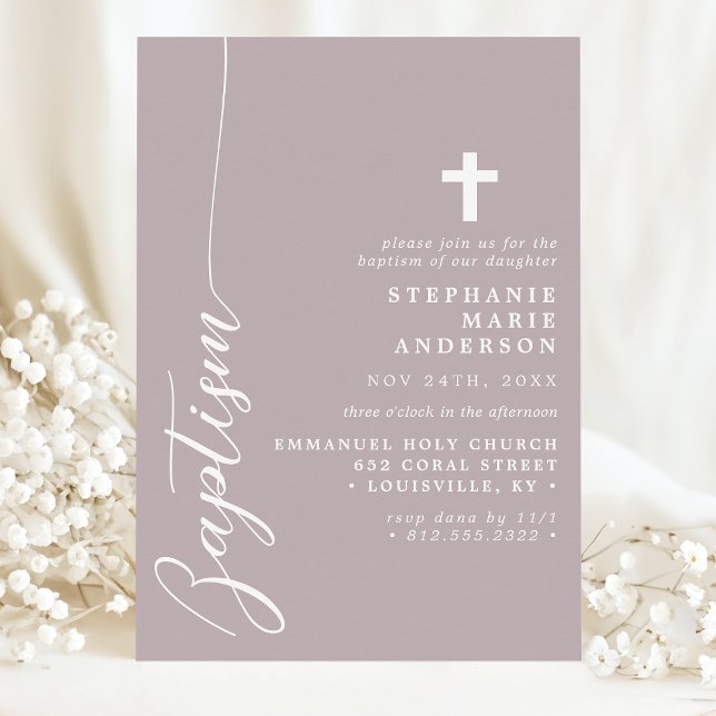 Dusty Lavender Simple Modern Script Baptism Invitation (Creator Uploaded)