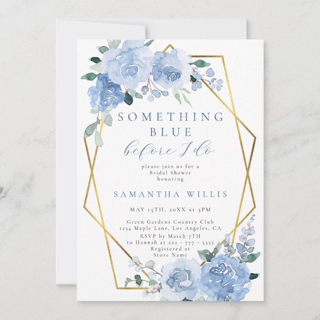Dusty Light Blue Floral Gold Bridal Shower Invitation (Front)