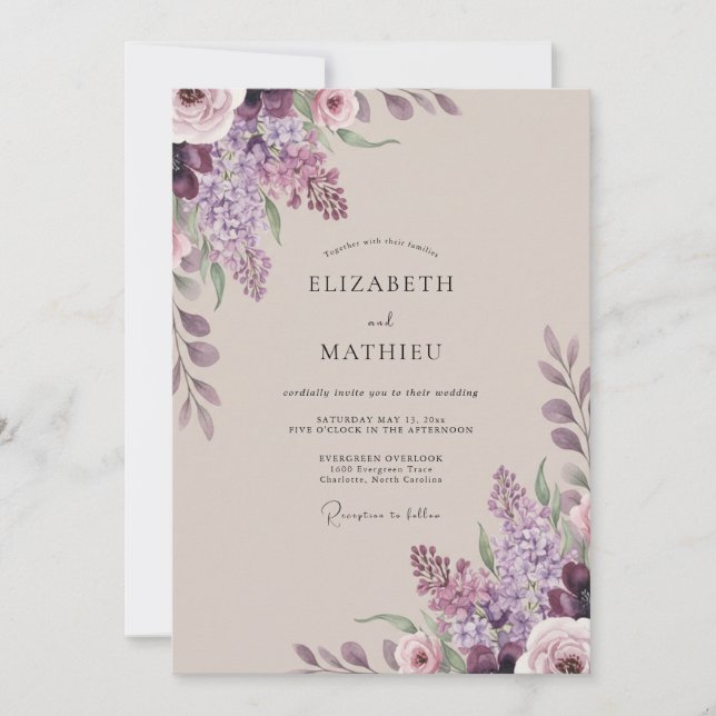 Dusty Lilac Blossom Wedding Invitation (Front)