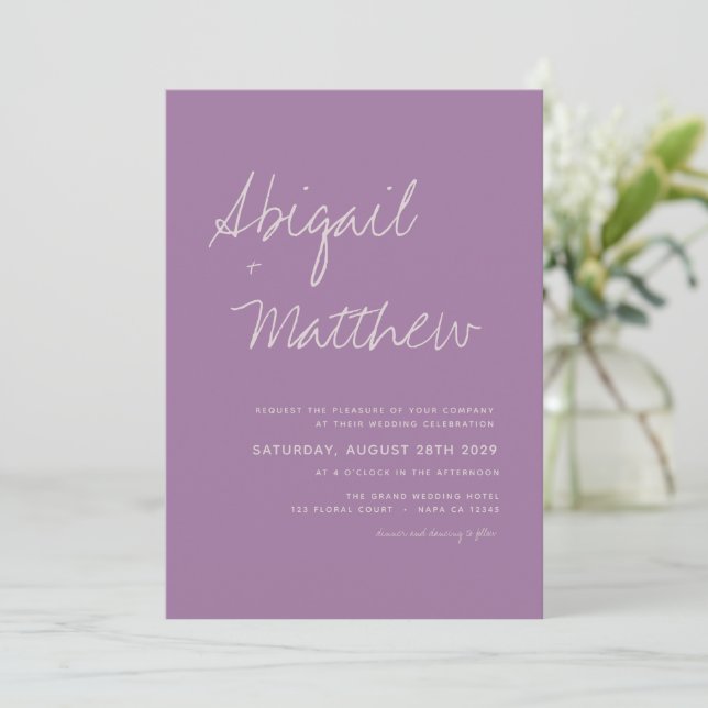 Dusty Lilac Purple Minimalist Handwriting Wedding  Invitation (Standing Front)