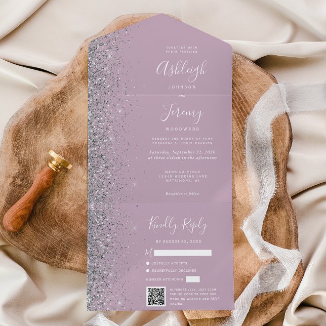 Dusty Lilac Silver Glitter QR Code Wedding All In One Invitation (Creator Uploaded)