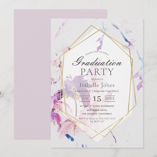 Dusty Lilac Watercolor Floral Graduation Invitation (Front/Back)