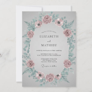 Dusty Mauve Aqua Wreath Wedding Invitation