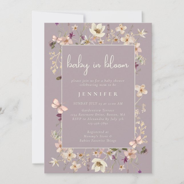 Dusty Mauve Baby In Bloom Wildflower Baby Shower  Invitation (Front)