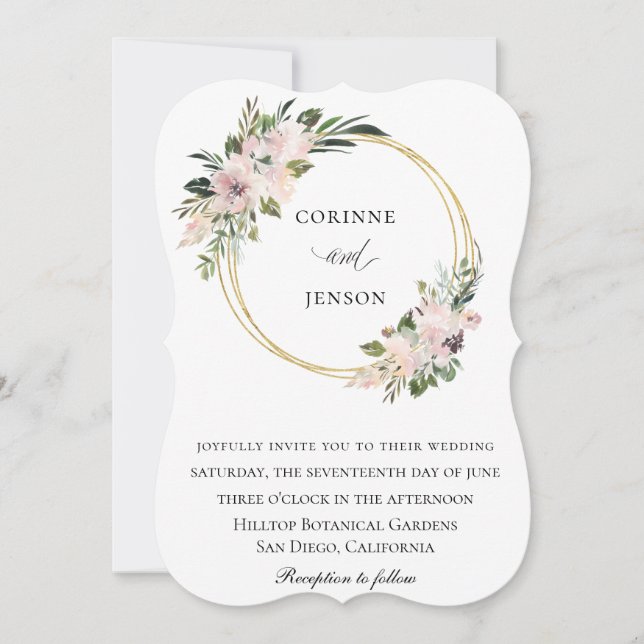 Dusty Mauve Botanical Gold Hoop Wedding Invitation (Front)