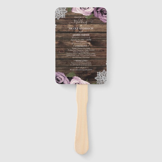 Dusty Mauve Floral Roses Rustic Wood Lace Wedding Hand Fan (Front)