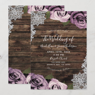 Dusty Mauve Floral Roses Rustic Wood Lace Wedding Invitation