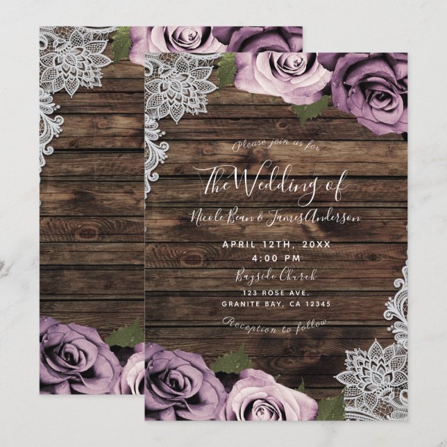 Dusty Mauve Floral Roses Rustic Wood Lace Wedding Invitation (Front/Back)