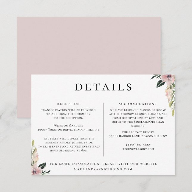Dusty Mauve Floral Wedding Details Information Invitation (Front/Back)