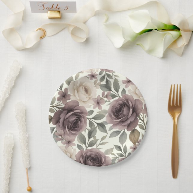 Dusty Mauve & Ivory Bloom Botanical Wedding Paper Plate (Wedding)