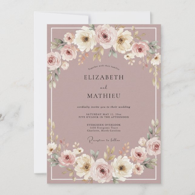 Dusty Mauve Painterly Blossom Wedding Invitation (Front)