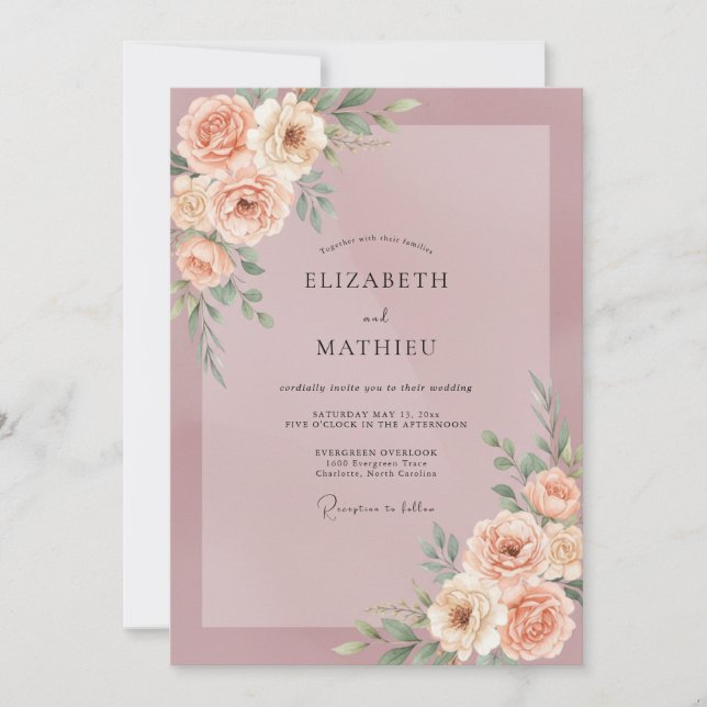 Dusty Mauve Peach Blossom Wedding Invitation (Front)