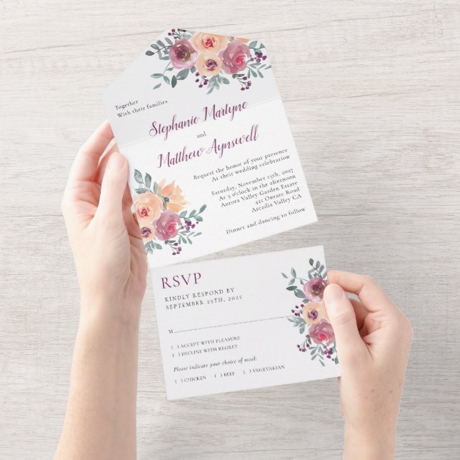 Dusty Mauve Peach Blush Floral Wedding All In One Invitation (Tearaway)