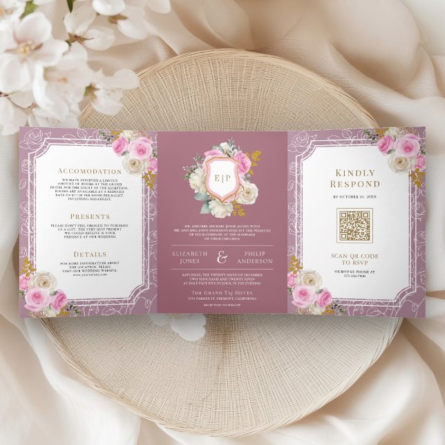 Dusty Mauve Pink Floral All in One Crest Wedding Tri-Fold Invitation (Creator Uploaded)