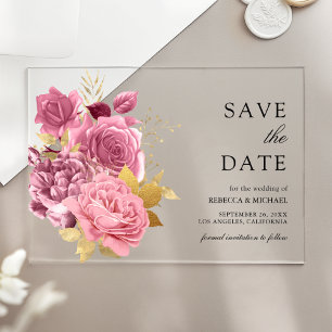 Dusty Mauve Pink Floral Gold Wedding Save the Date Acrylic Invitations