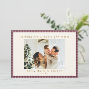Dusty Mauve Plum Gingham Check Family Christmas Holiday Card