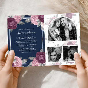 Dusty Mauve Purple Pink Rose QR Code Navy Wedding Invitation