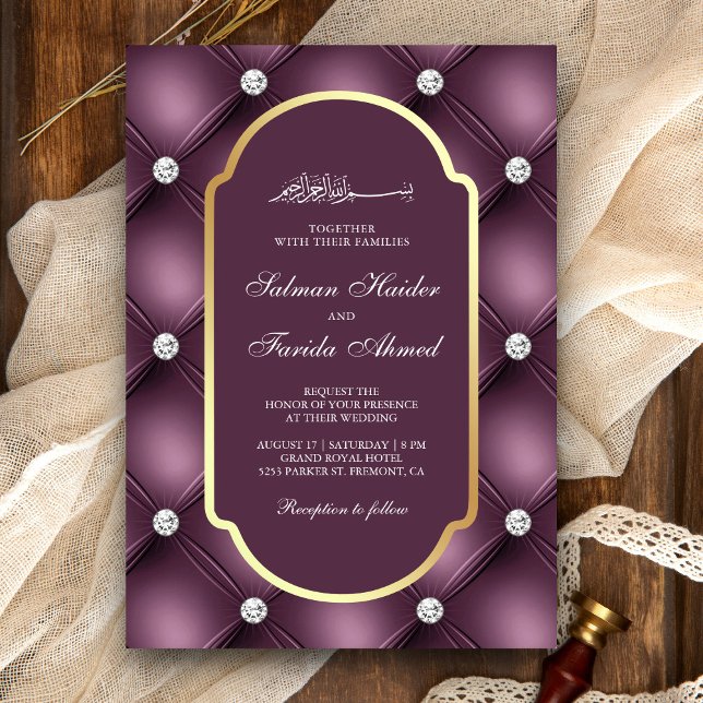 Dusty Mauve Purple Tufted Diamonds Muslim Wedding Invitation (Creator Uploaded)