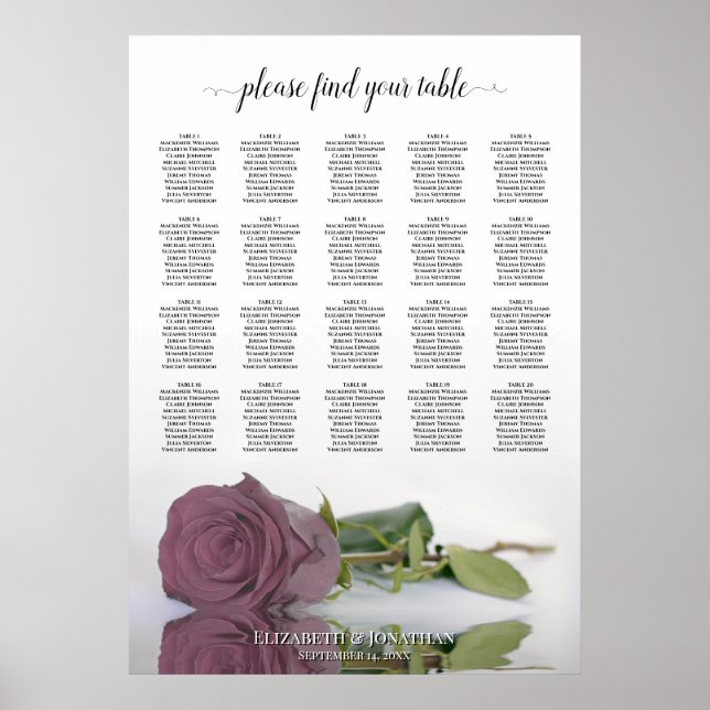 Dusty Mauve Rose 20 Table Wedding Seating Chart (Front)
