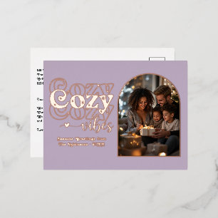 Dusty Mauve & Rose Gold Cozy Vibes Retro Christmas Foil Holiday Postcard