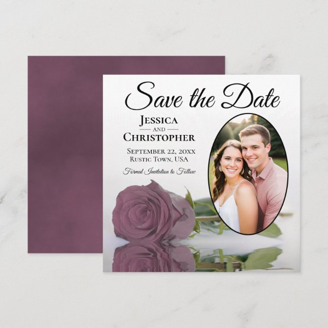 Dusty Mauve Rose on White with Oval Photo Wedding Save The Date (Front/Back)