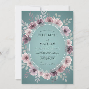 Dusty Mauve Teal Wreath Wedding Invitation