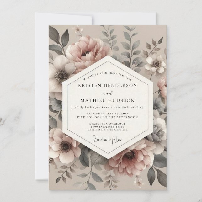 Dusty Mauve Vintage Bloom Wedding Invitation (Front)