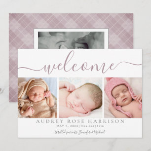 Dusty Mauve Welcome Baby Photo Collage Birth Announcement