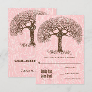 Dusty Millennial Pink Tree Barnwood Wedding RSVP Invitation
