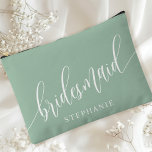 Dusty Mint Bridesmaid Modern Calligraphy Accessory Pouch<br><div class="desc">Celebrate your bridal party with this elegant dusty mint green bridesmaid accessory pouch. Featuring modern calligraphy and customizable with your bridesmaid's name, this pouch is both stylish and practical. The soft dusty sage colour and elegant script create a sophisticated look, perfect for holding makeup, toiletries, or other essentials. This personalized...</div>