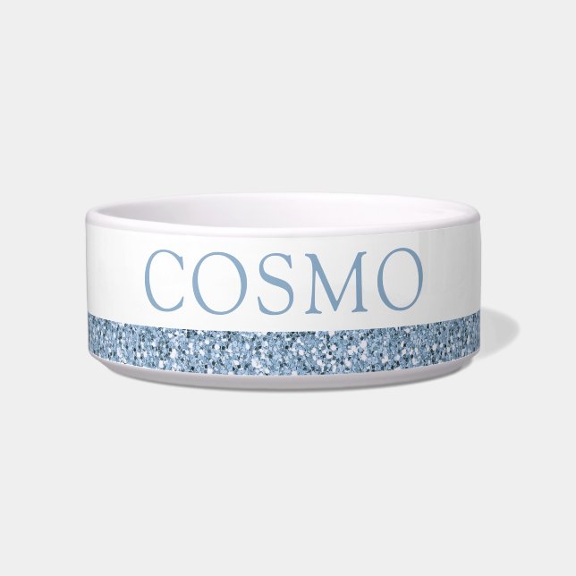 Dusty Muted Blue Glitter Sparkle Pet Name Bowl (Front)