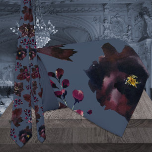 Dusty Navy Blue Burgundy Bordeaux Floral Wedding Tie