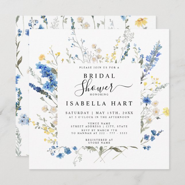 Dusty Navy Blue Dainty Wild Floral Bridal Shower Invitation (Front/Back)