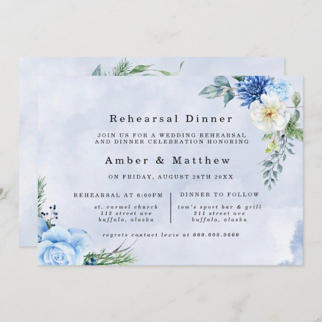 Dusty Navy Blue Floral Rehearsal Dinner Invitation (Front/Back)