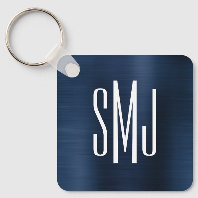 Dusty Navy Blue Foil Three Letter Monogram Keychain (Front)