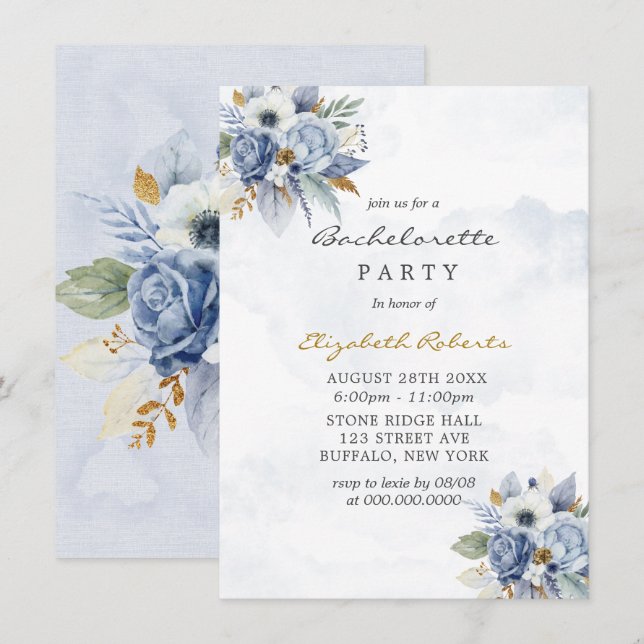 Dusty Navy Blue Gold Peony Chic Bachelorette Party Invitation (Front/Back)