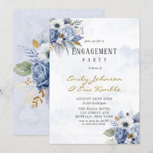 Dusty Navy Blue Gold Peony Engagement Party Invitation