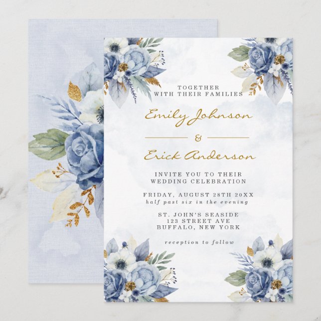 Dusty Navy Blue Gold Watercolor Peony Chic Wedding Invitation (Front/Back)