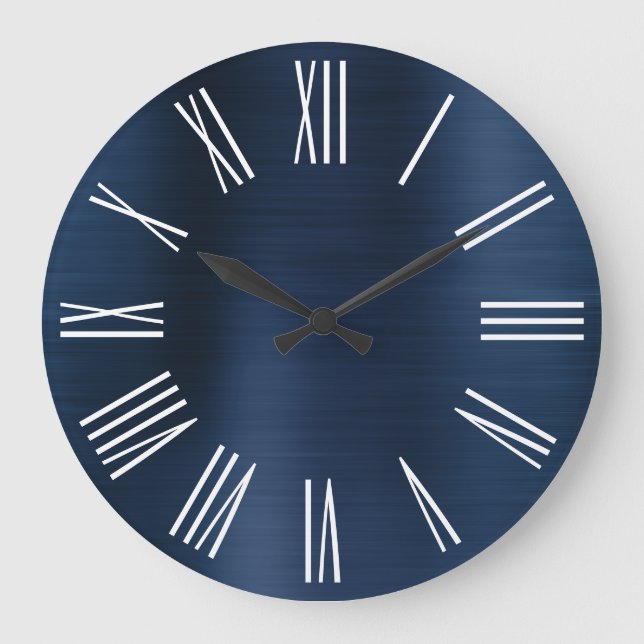 Dusty Navy Blue Ombre Foil White Roman Numeral Large Clock (Front)