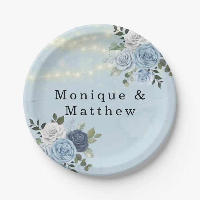 Dusty Navy Blue Peony Country Lights Wedding Paper Plate (Front)