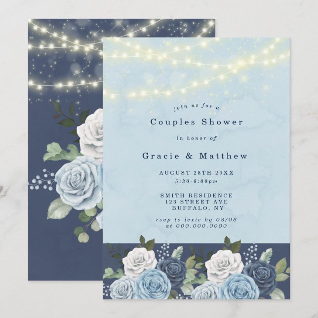 Dusty Navy Blue Peony Lights Couples Invitation de (Devant / Derrière)