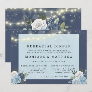 Dusty Navy Blue Peony Lights Rehearsal Dinner Invitation