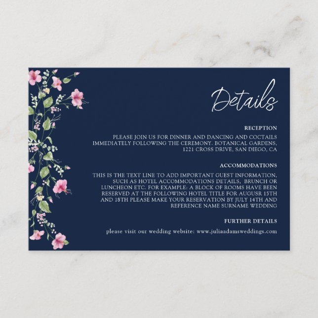 Dusty Navy Blue Pink Hibiscus Bloom Wedding Shower Enclosure Card (Front)
