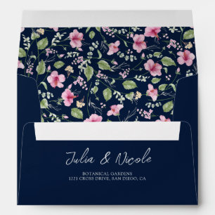 Dusty Navy Blue Pink Hibiscus Bloom Wedding Shower Envelope