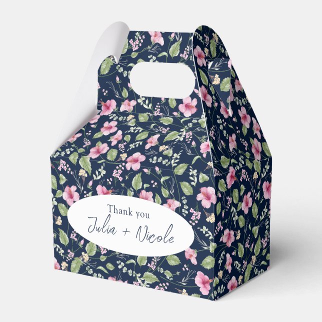 Dusty Navy Blue Pink Hibiscus Bloom Wedding Shower Favor Box (Front Side)