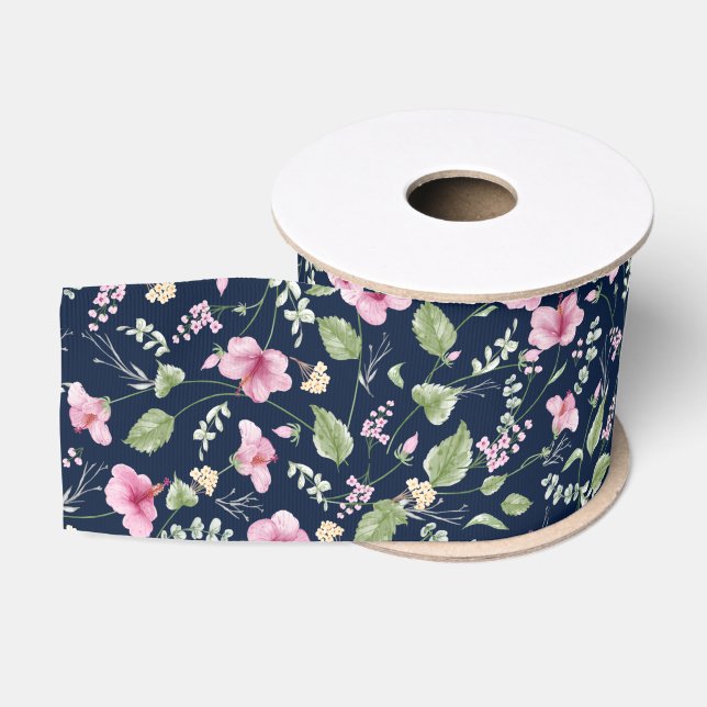 Dusty Navy Blue Pink Hibiscus Bloom Wedding Shower Grosgrain Ribbon (Spool)